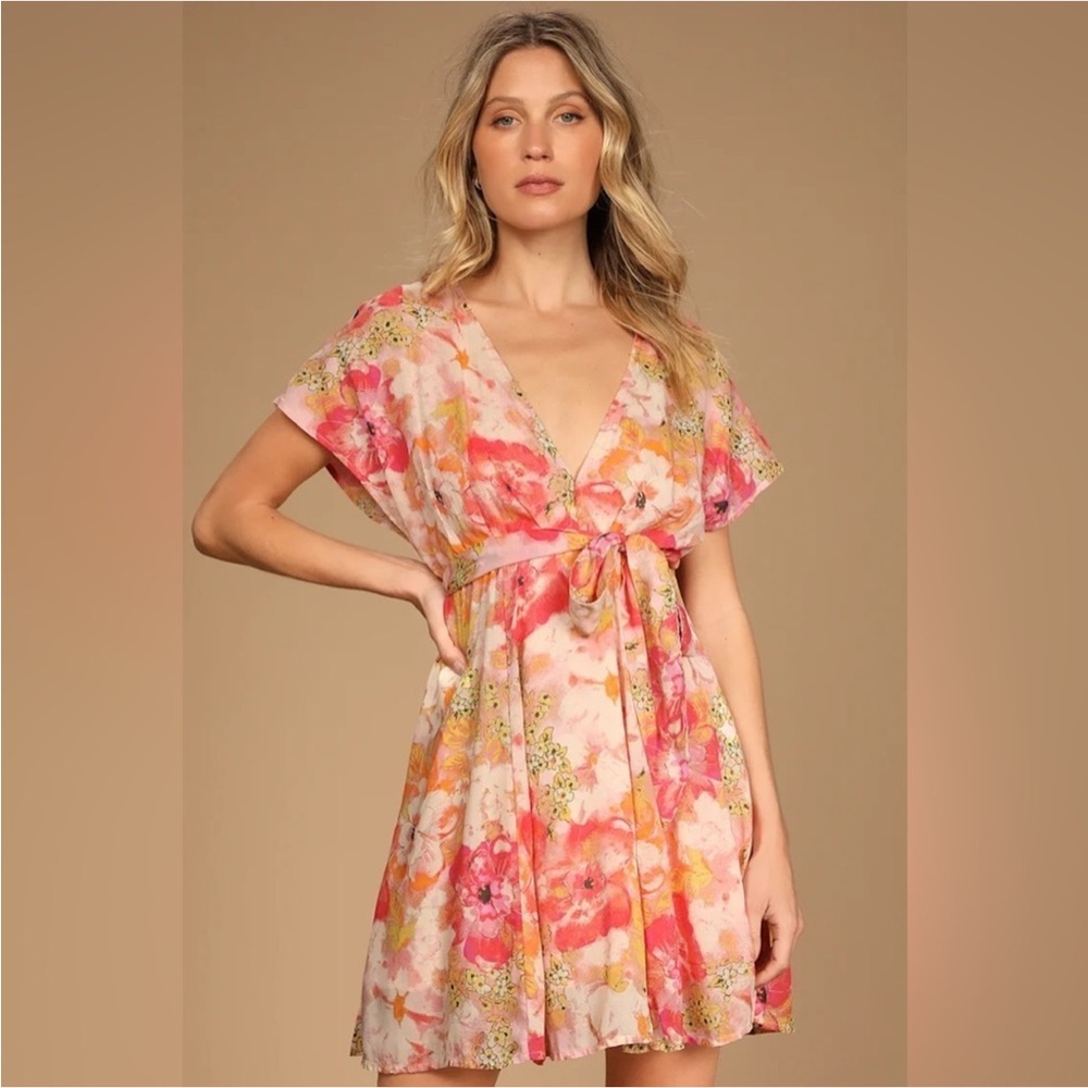 Free People Freddy Pink Floral Print Short Sleeve Tie Mini‎ Dress M